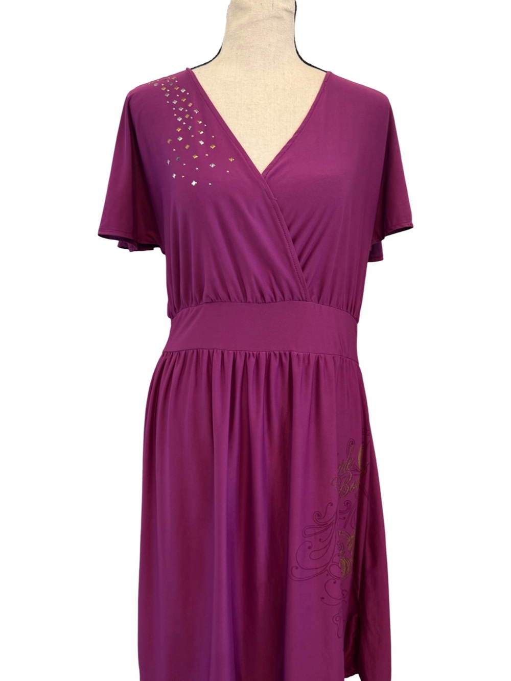 Vintage Y2K Apple Bottoms Purple Faux Wrap Dress XL Gold Graphic Keyhole Back
